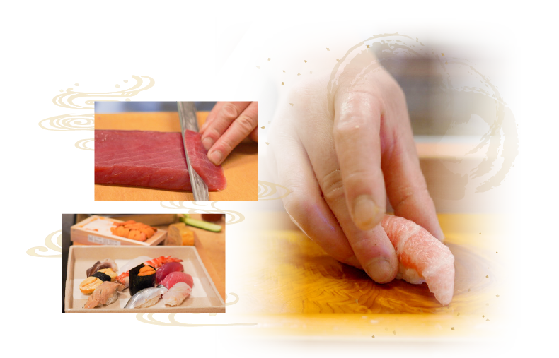 お寿司を握る手と料理